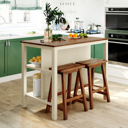 Rustic Kitchen Island and Two Wooden Bar Stools