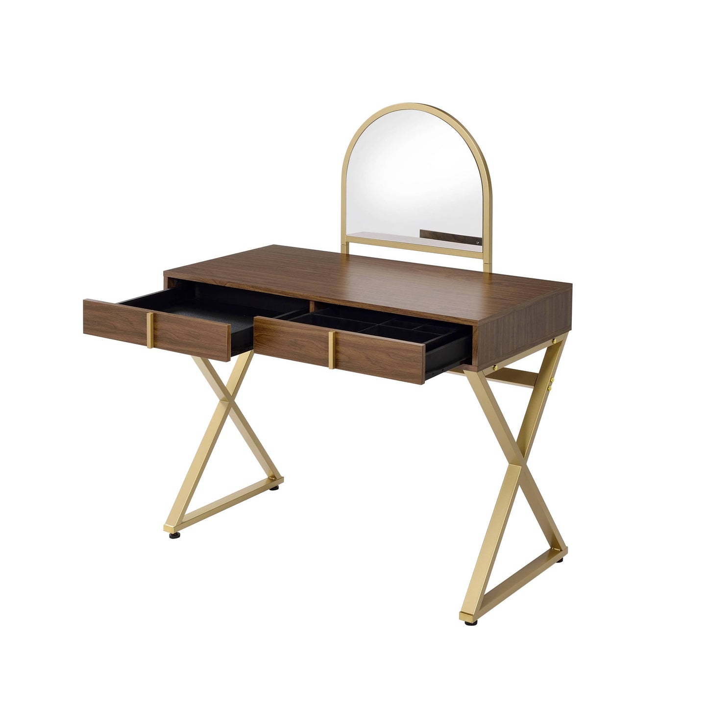 Coleen walnut vanity desk with gold finish accents, arched mirror and jewelry tray on Tampa Home & Garden Store