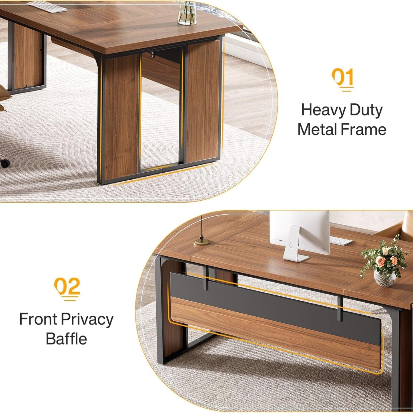 L-shaped executive desk in brown wood with black metal frame, drawers and open shelves on Tampa Home & Garden Store