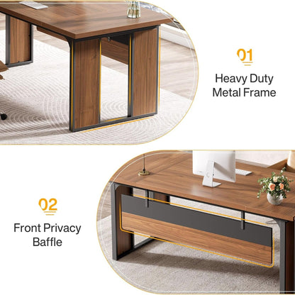 L-shaped executive desk in brown wood with black metal frame, drawers and open shelves on Tampa Home & Garden Store