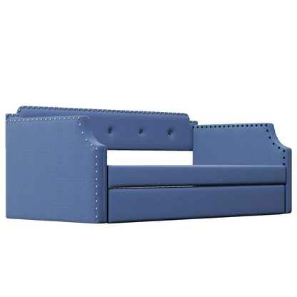 Upholstered blue daybed with trundle; blue faux-leather with silver nailhead trim on Tampa Home & Garden Store