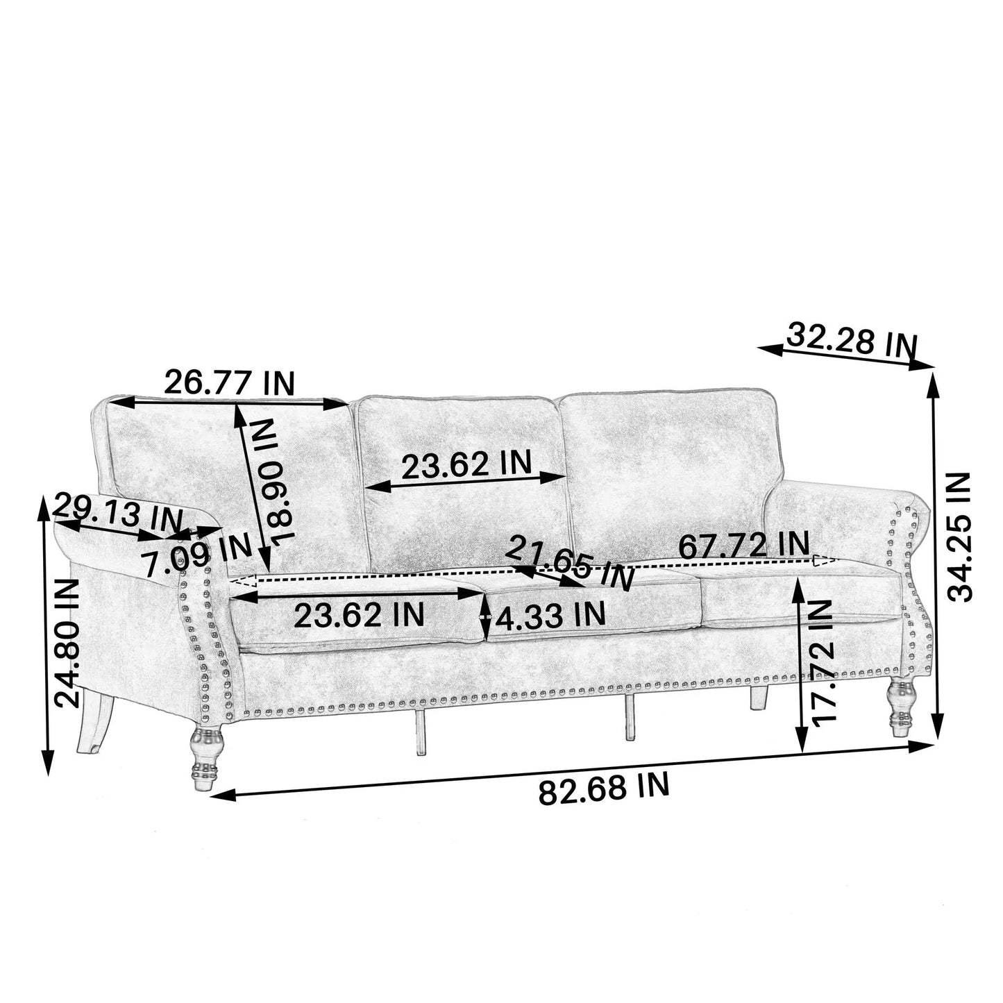 Rolled Arm Sofa With Nailhead Trim With Wooden Legs, grayscale blueprint with 82.68 in width on Tampa Home & Garden Store