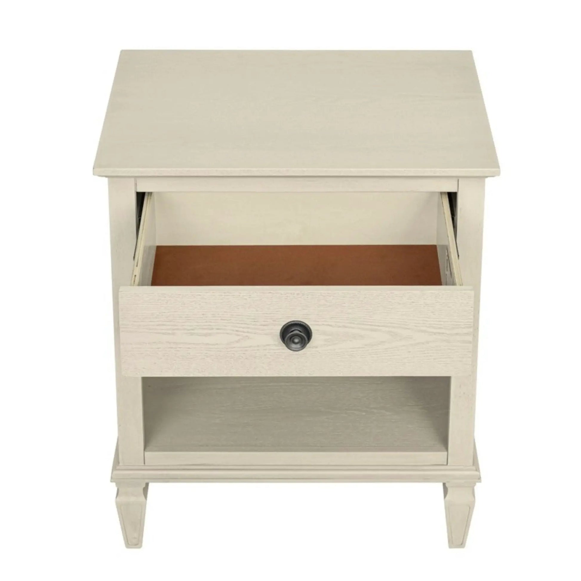 Victoria nightstand with open storage in cream finish, single drawer and lower shelf on Tampa Home & Garden Store