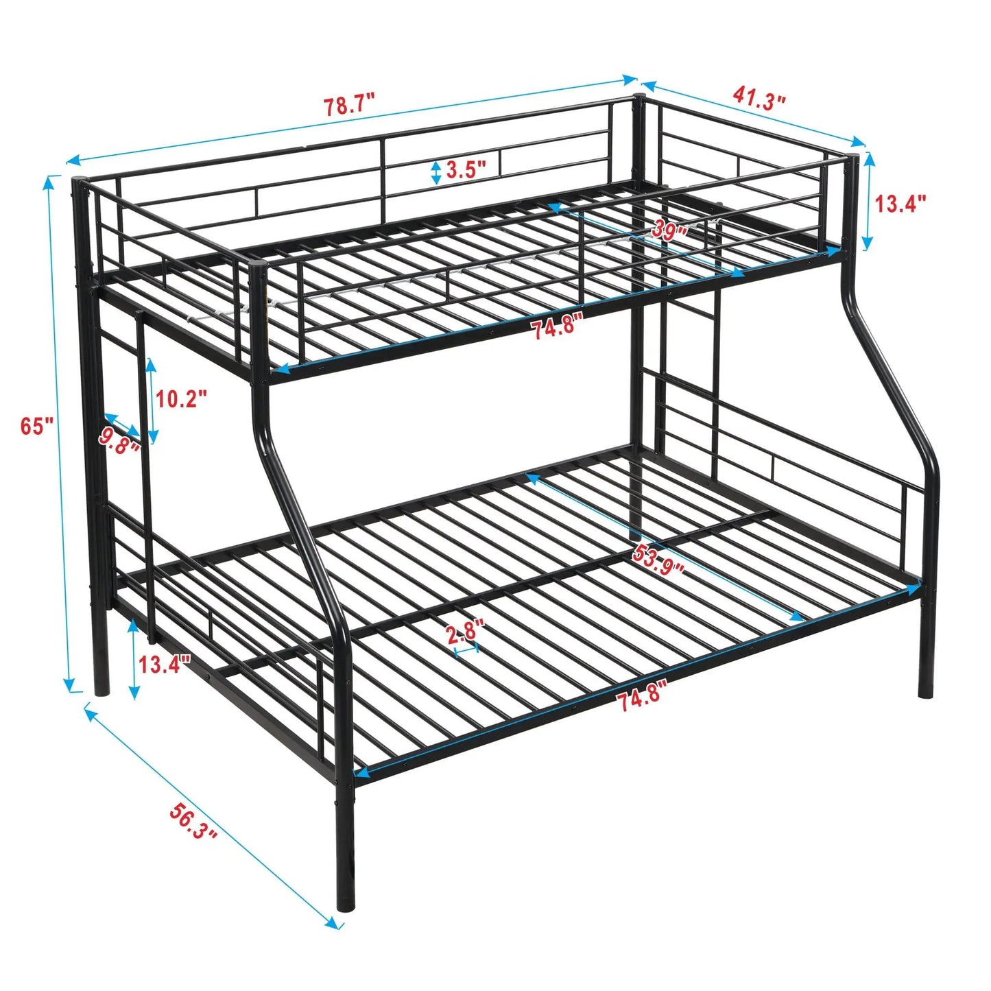 Modern metal bunk bed frame in black by Unique Piece Furniture with guard rails on Tampa Home & Garden Store