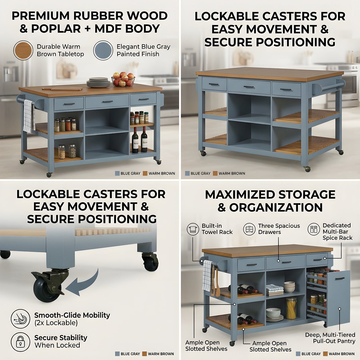 52-in Kitchen Island Cart with Rubber Wood Top by HouseOfZazla, blue-gray base & warm brown top, three drawers and open shelves on Tampa Home & Garden Store