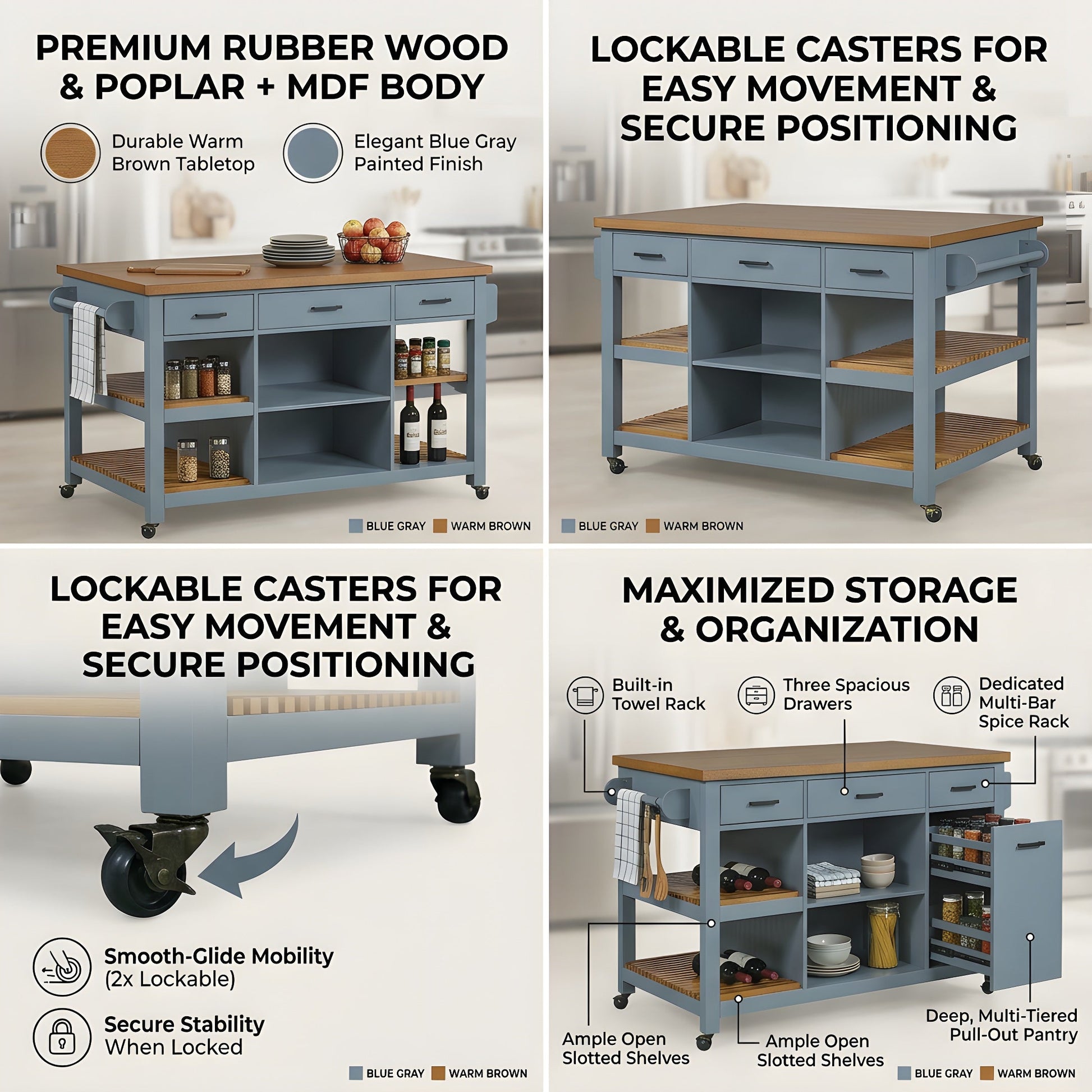 52-in Kitchen Island Cart with Rubber Wood Top by HouseOfZazla, blue-gray base & warm brown top, three drawers and open shelves on Tampa Home & Garden Store