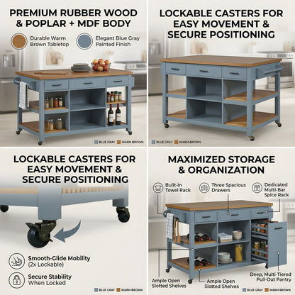 52-in Kitchen Island Cart with Rubber Wood Top by HouseOfZazla, blue-gray base & warm brown top, three drawers and open shelves on Tampa Home & Garden Store