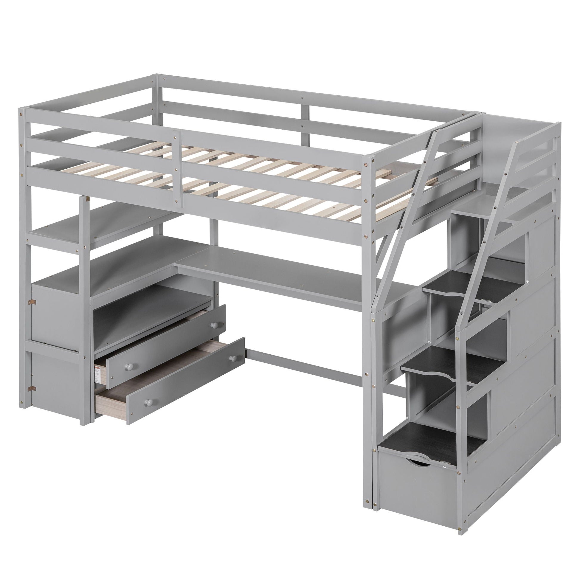 Loft bed with desk in gray, featuring shelves, 2 drawers and a storage staircase on Tampa Home & Garden Store