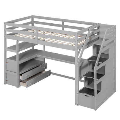 Loft bed with desk in gray, featuring shelves, 2 drawers and a storage staircase on Tampa Home & Garden Store