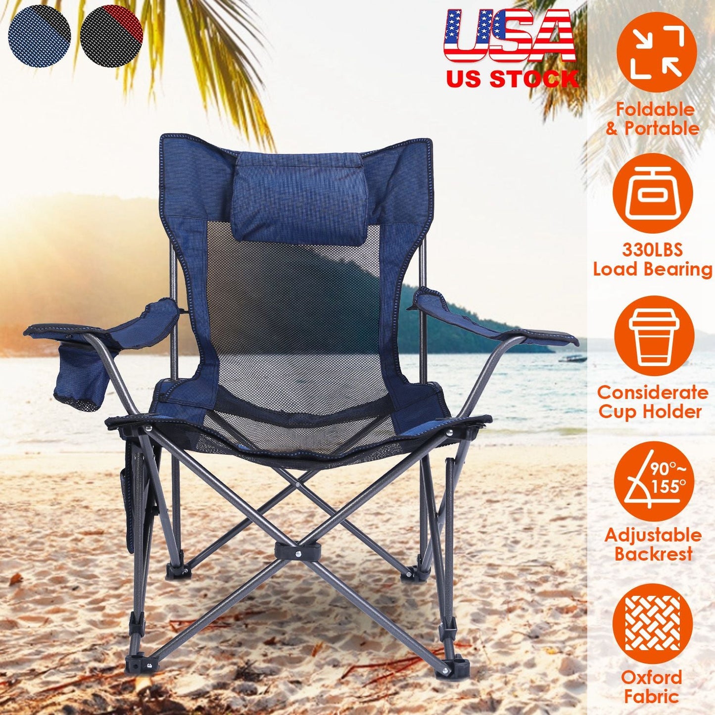 GemGear foldable camping chair with reclining back 330LBS, blue fabric, pillow, cup holder on Tampa Home & Garden Store