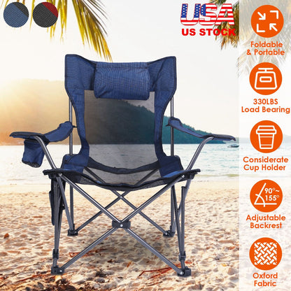 GemGear foldable camping chair with reclining back 330LBS, blue fabric, pillow, cup holder on Tampa Home & Garden Store