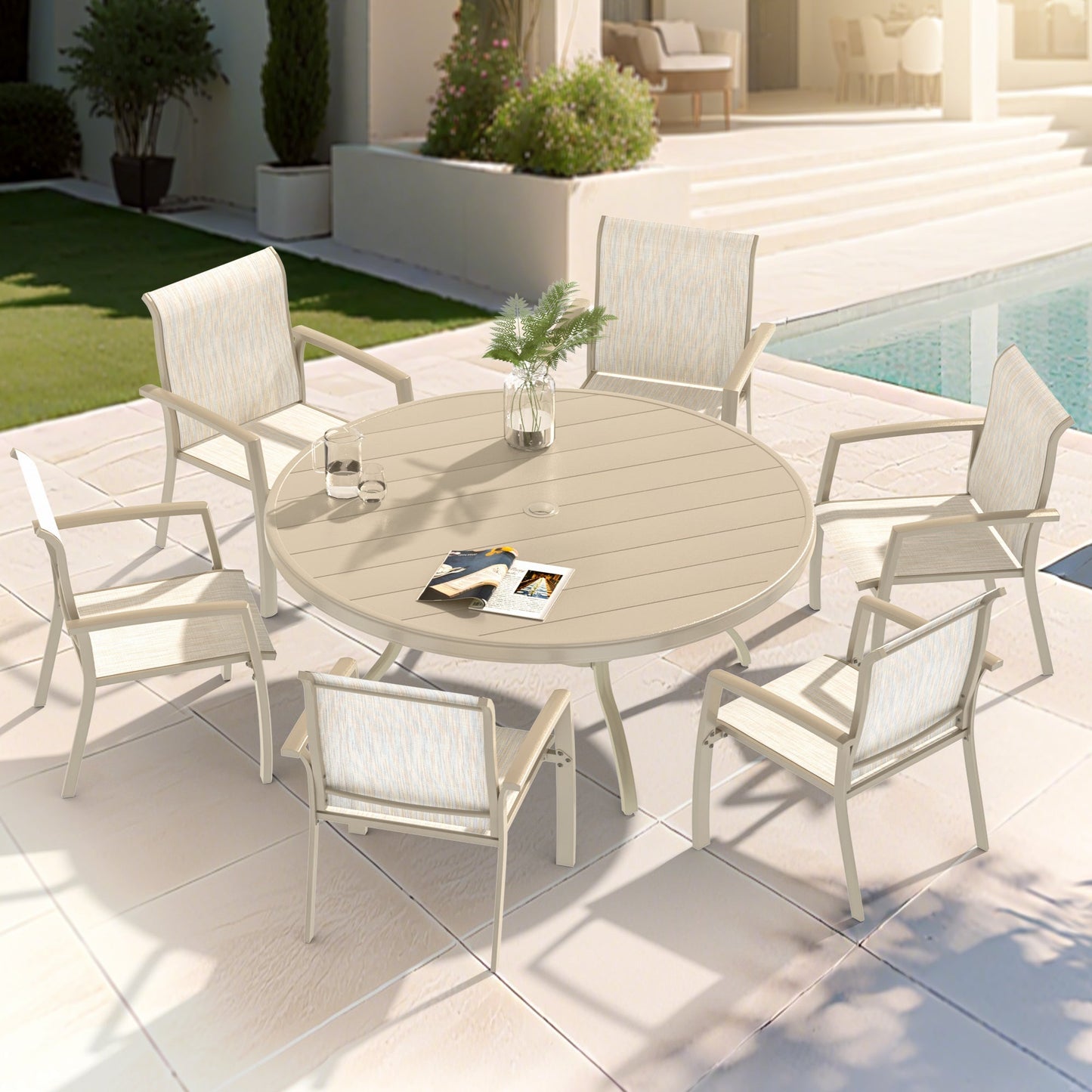 HouseOfZazla 7 Pieces Patio Dining Set beige aluminum round table with six beige mesh chairs on Tampa Home & Garden Store