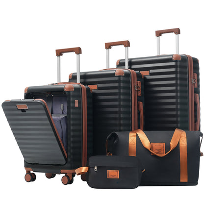 Deluxe 5-Piece hard-side luggage set with USB & TSA locks, black with brown trim by HouseOfZazla on Tampa Home & Garden Store