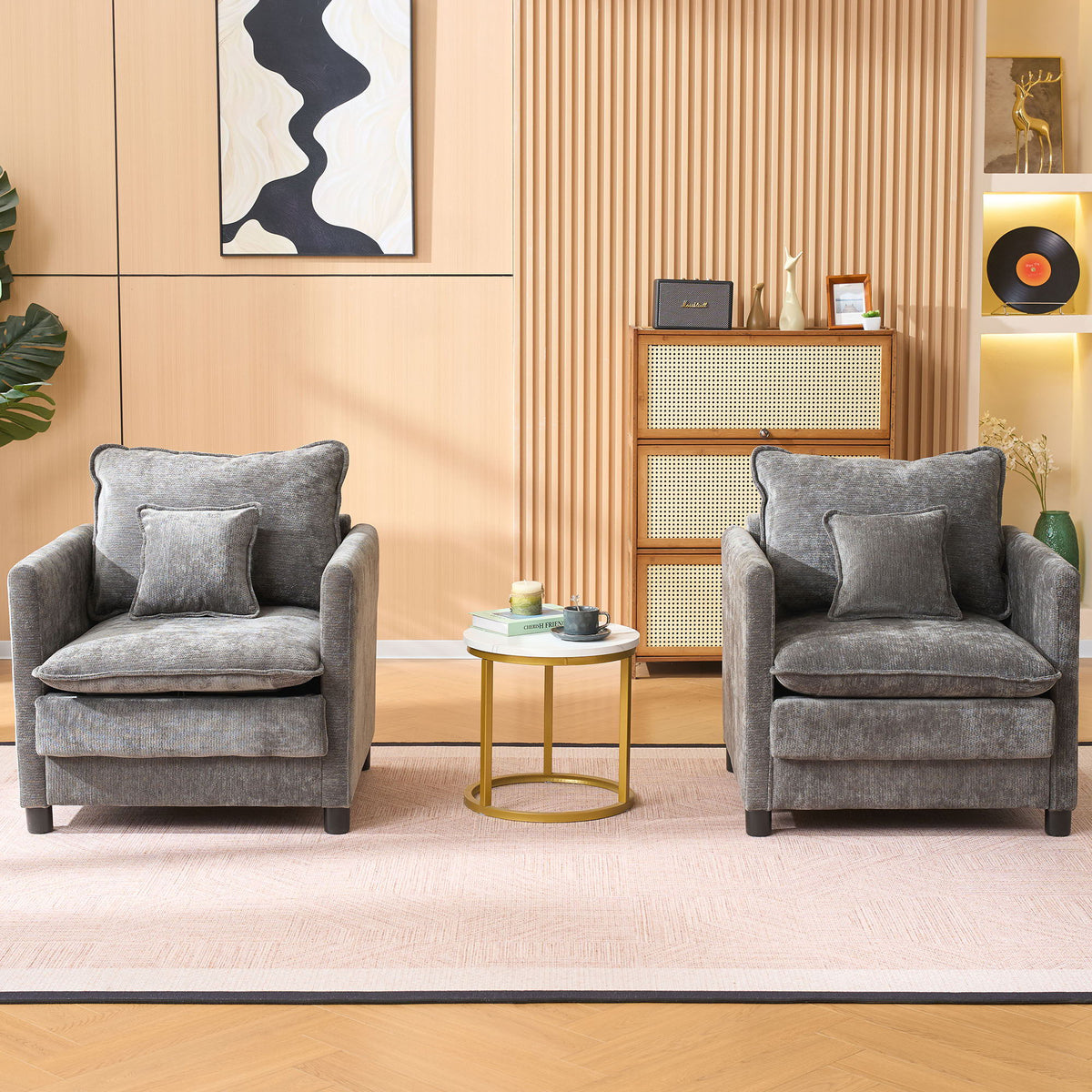 Modern Reading Armchairs, grey fabric, HouseOfZazla pair with round gold coffee table on Tampa Home & Garden Store