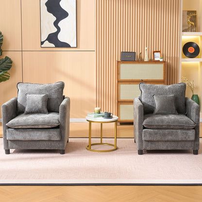 Modern Reading Armchairs, grey fabric, HouseOfZazla pair with round gold coffee table on Tampa Home & Garden Store