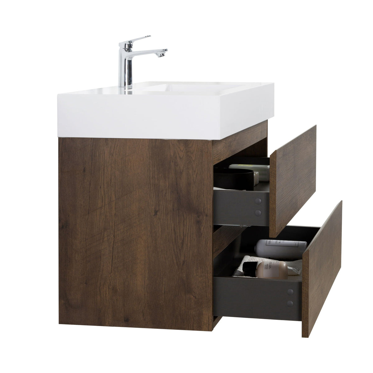Alice wall-mounted vanity with integrated white sink, chrome faucet, dark wood cabinet on Tampa Home & Garden Store