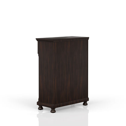 Five-drawer solid wood antique chest with dark brown finish and crown molding on Tampa Home & Garden Store