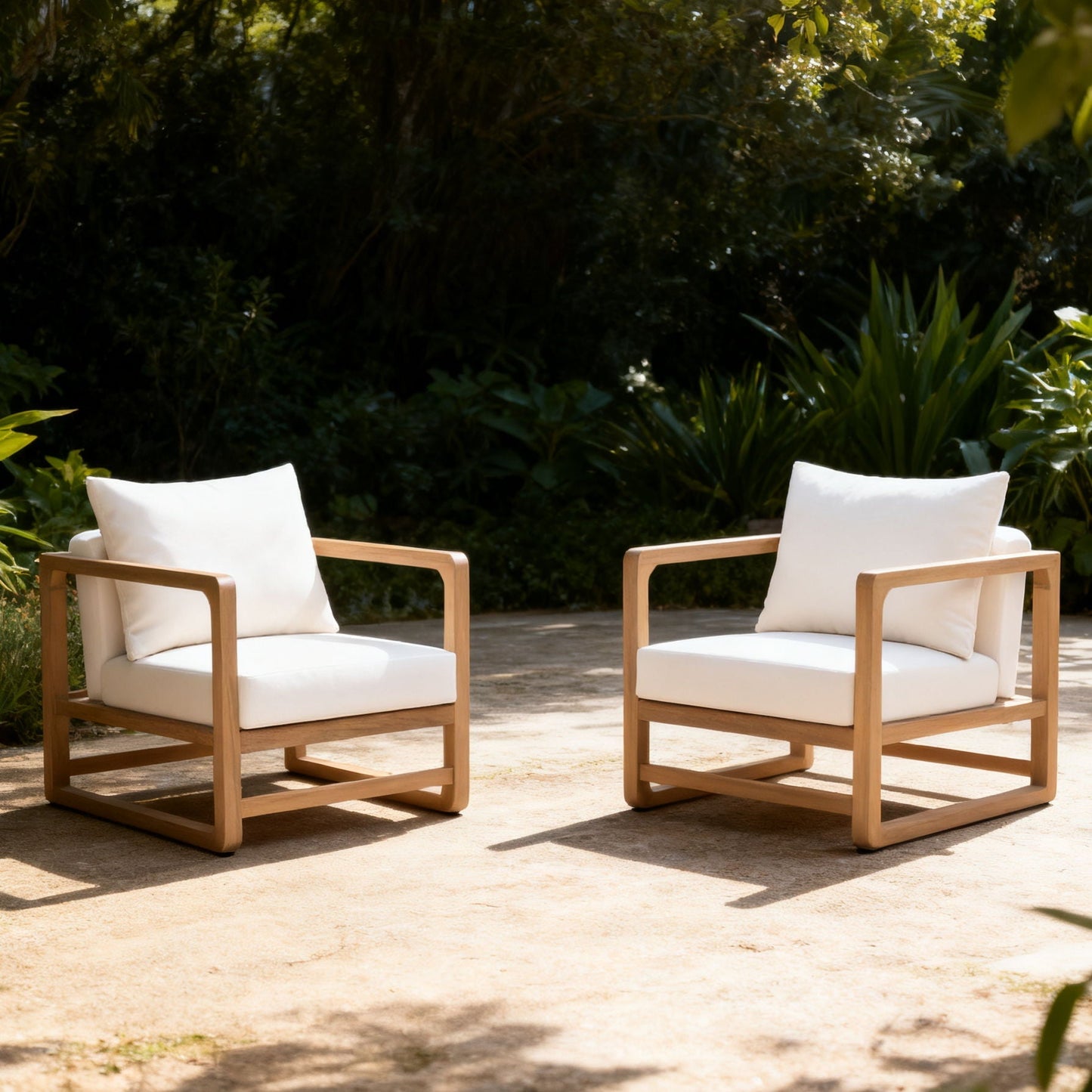 Outdoor club chairs with white cushions and natural wood frames by HouseOfZazla on Tampa Home & Garden Store