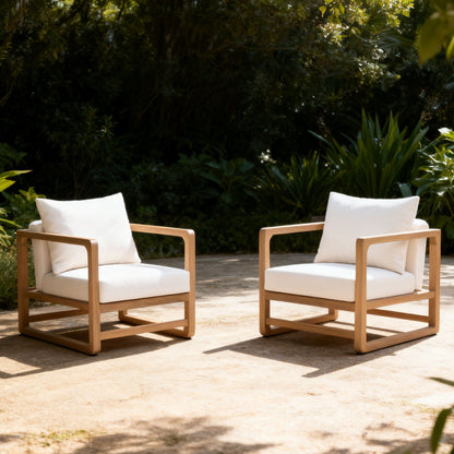 Outdoor club chairs with white cushions and natural wood frames by HouseOfZazla on Tampa Home & Garden Store
