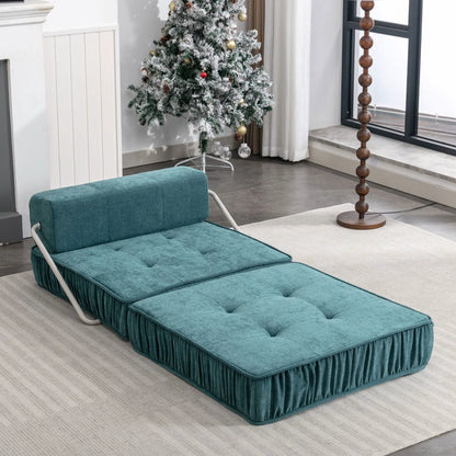 Folding futon chair with removable back cushion in teal upholstery, convertible sleeper on Tampa Home & Garden Store