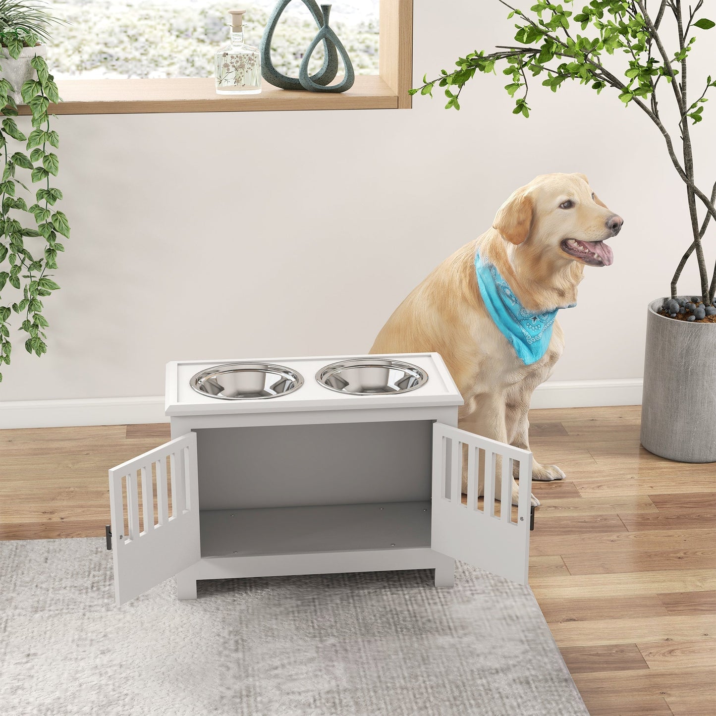 PawHut Elevated Dog Bowls with Storage Cabinet; dual stainless bowls on white-gray stand on Tampa Home & Garden Store