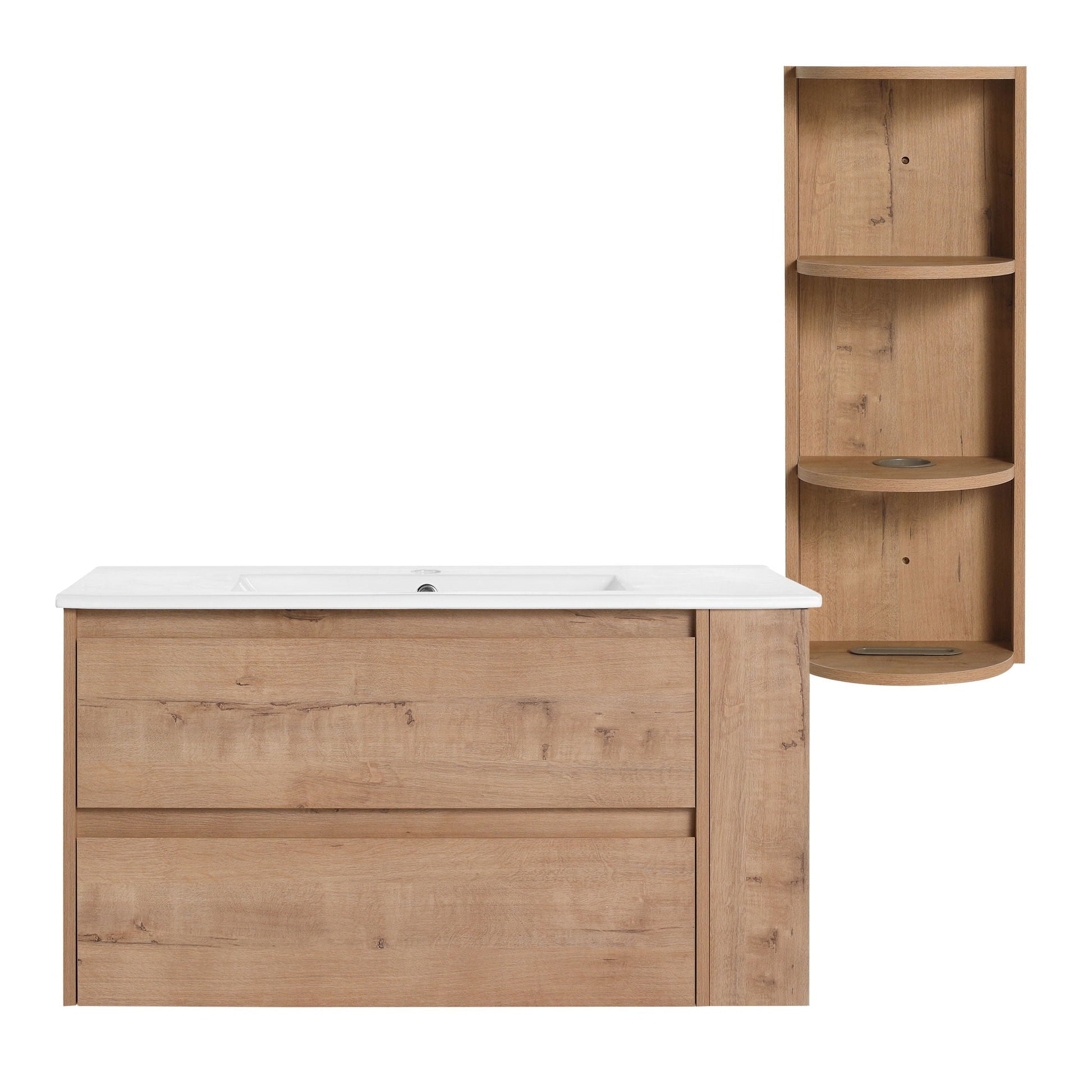 Modern wall-mounted bathroom vanity with ceramic sink and wood storage rack HouseOfZazla on Tampa Home & Garden Store