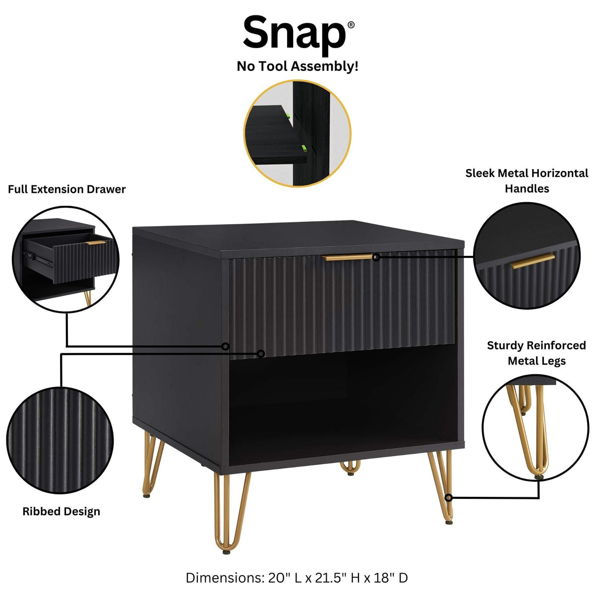 Modern Nightstand by HouseOfZazla with fluted drawer, black finish, gold metal hairpin legs on Tampa Home & Garden Store