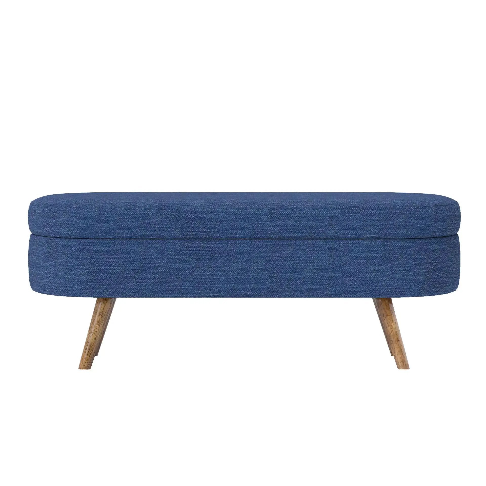 Ottoman oval storage bench blue denim fabric with rubber wood legs by Unique Piece Furniture on Tampa Home & Garden Store