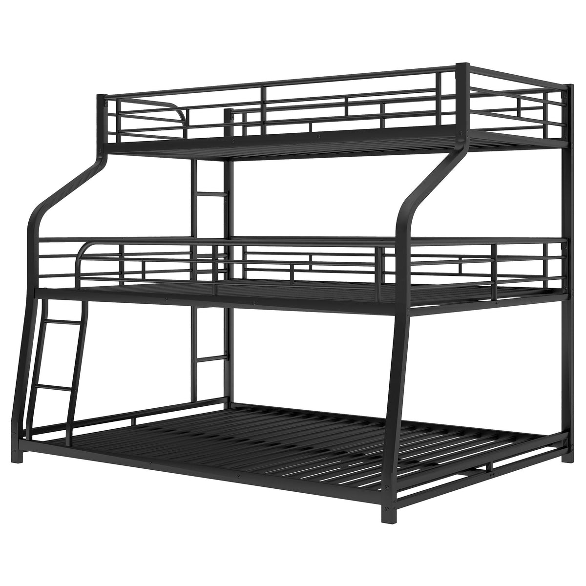 HouseOfZazla black triple bunk bed with full-length guardrails and long & short ladders on Tampa Home & Garden Store