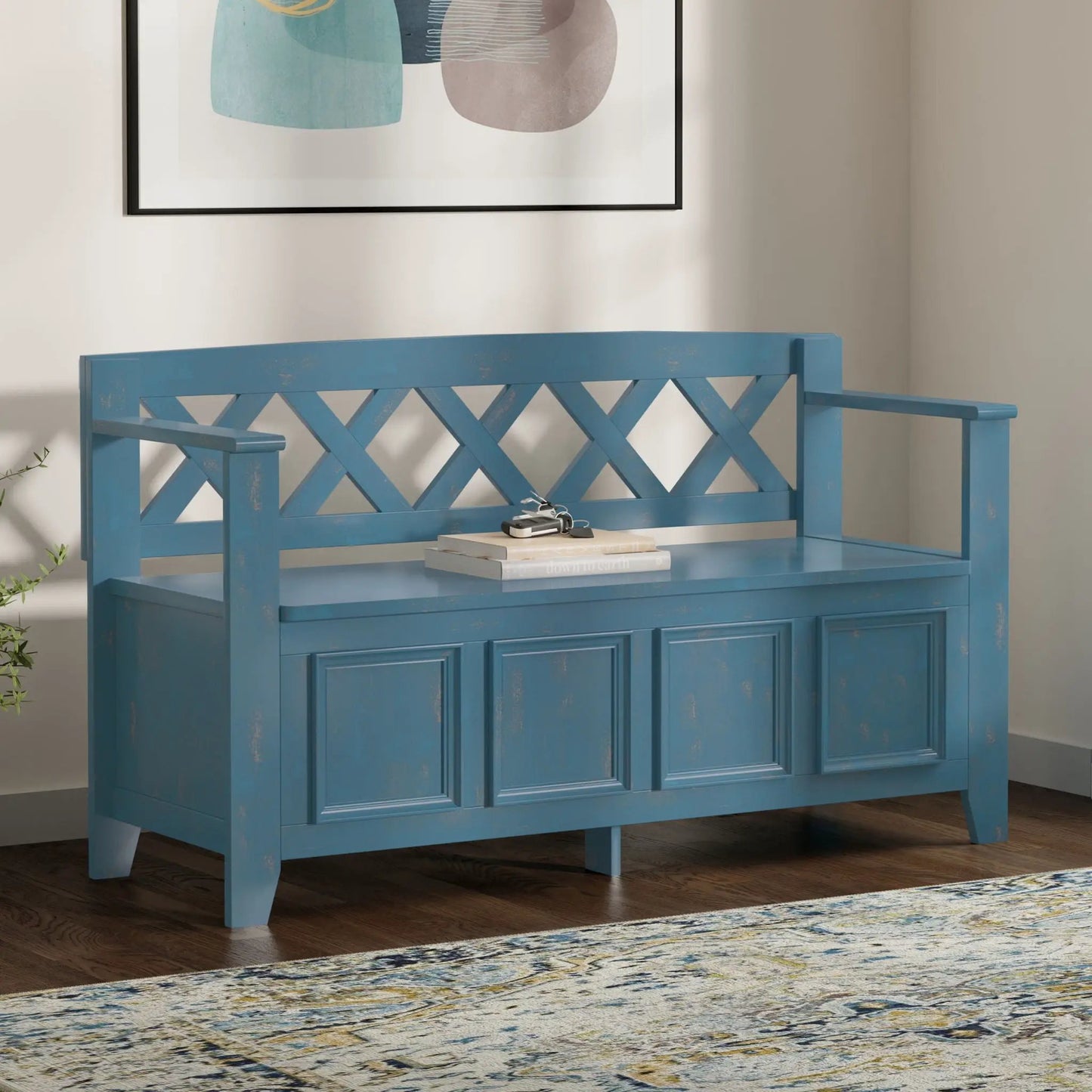 Amherst Handcrafted Entryway Storage Bench, blue-painted wood with lattice back and storage on Tampa Home & Garden Store