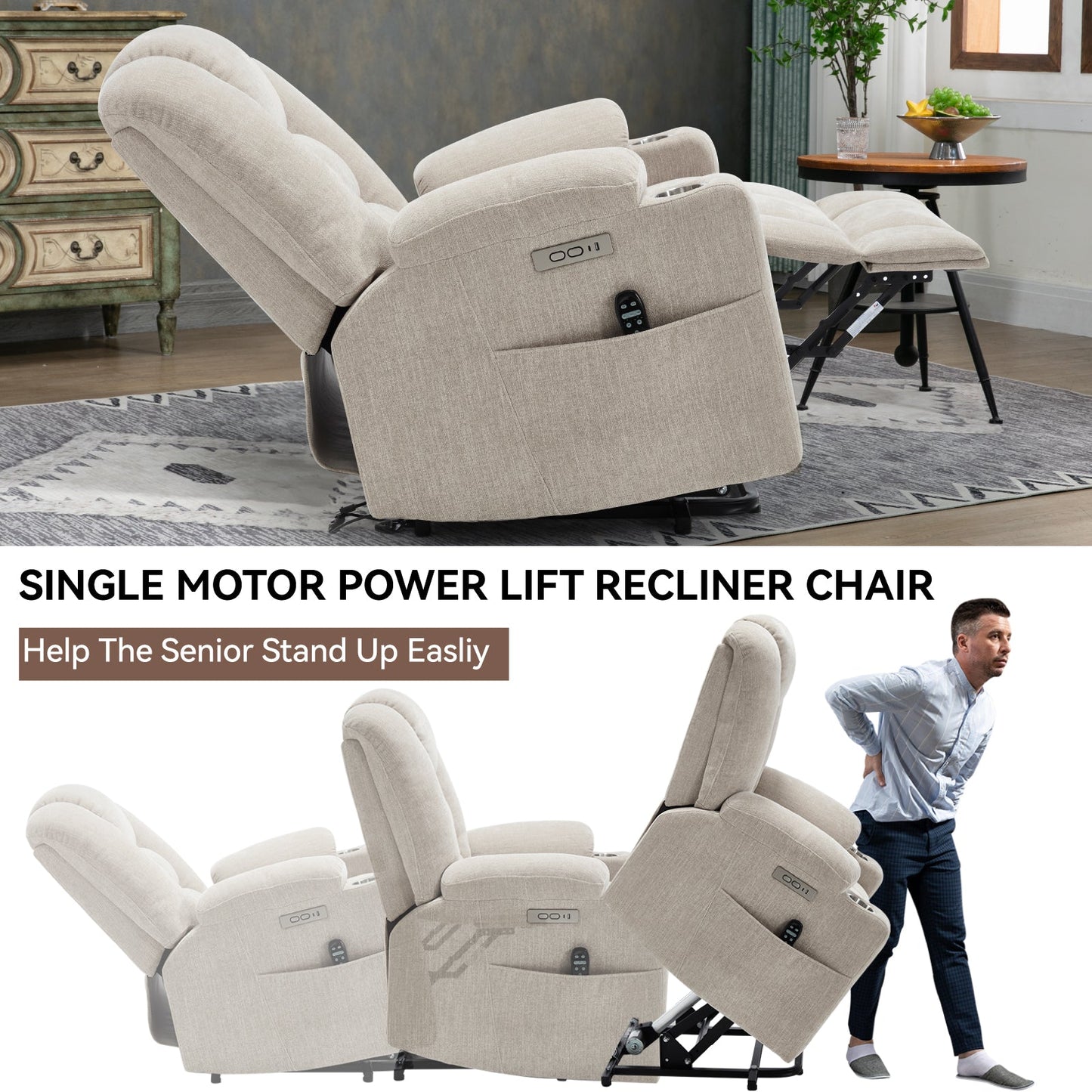 Power Lift Recliner Chair with Massage and Heat in beige fabric, remote in pocket HouseOfZazla on Tampa Home & Garden Store