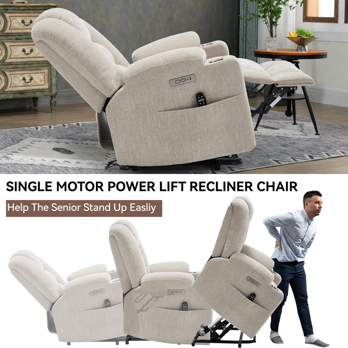Power Lift Recliner Chair with Massage and Heat in beige fabric, remote in pocket HouseOfZazla on Tampa Home & Garden Store