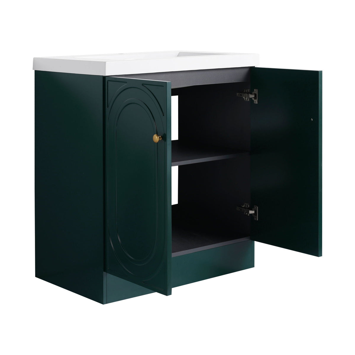 Freestanding bath vanity with white resin sink on a dark green cabinet with two doors on Tampa Home & Garden Store