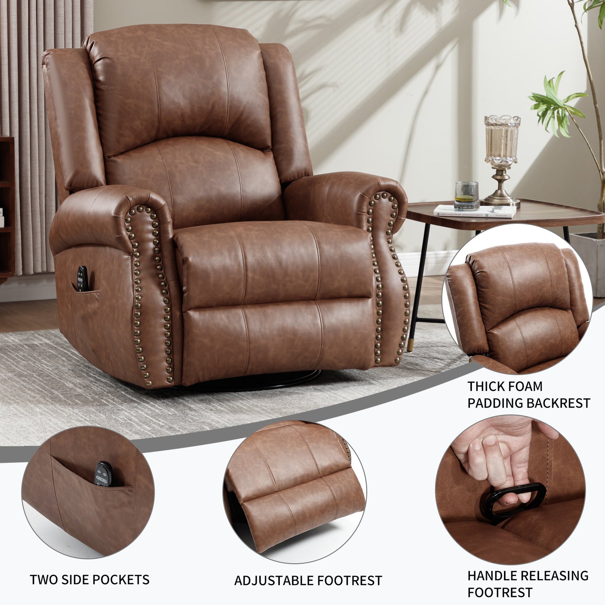 HouseOfZazla brown leather heat massage manual recliner chair with studded arms and padding on Tampa Home & Garden Store