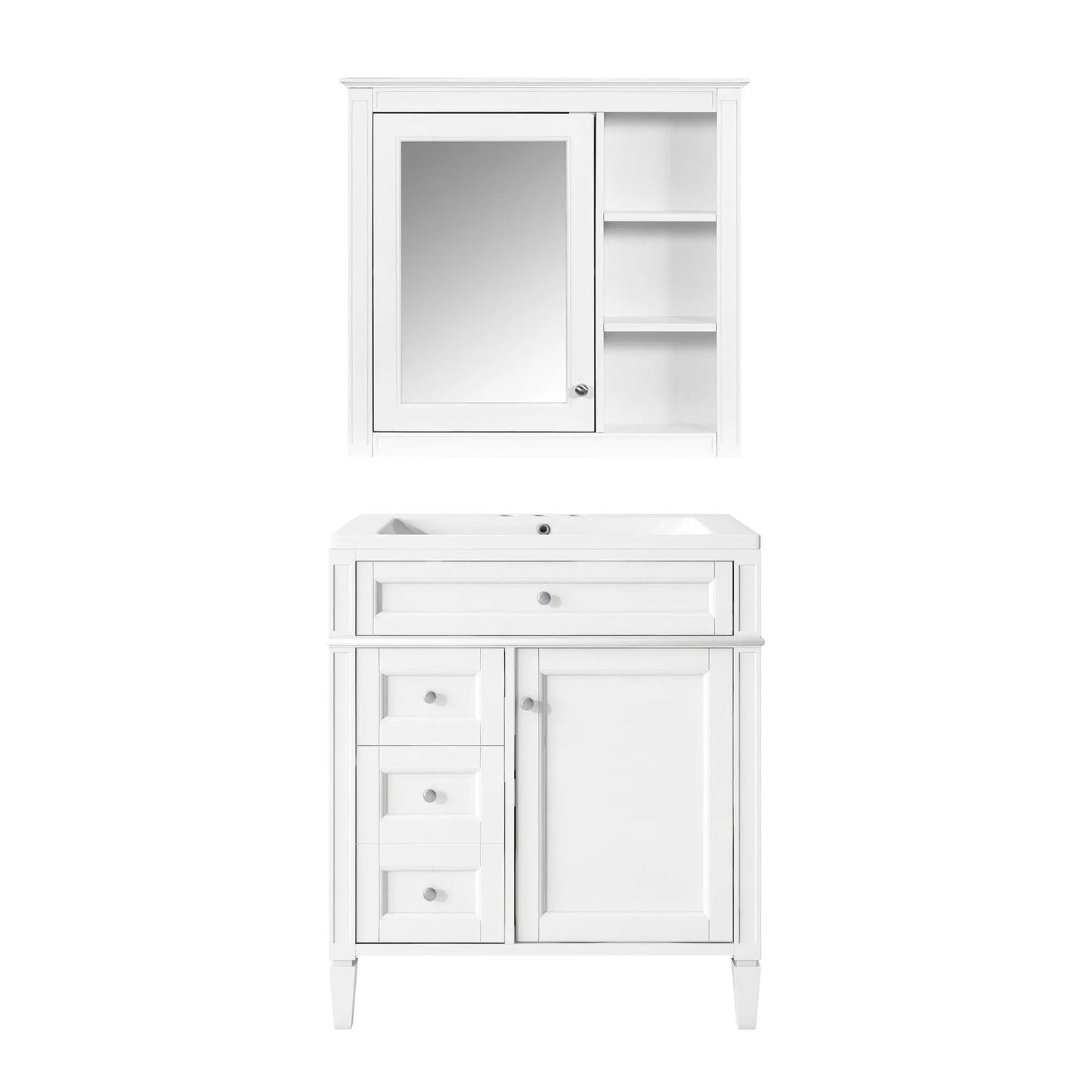 White bathroom vanity with medicine cabinet, 2 soft closing doors and 4 drawers on Tampa Home & Garden Store