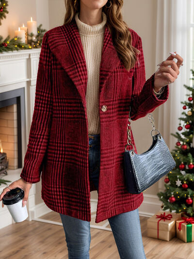 Women's red plaid collared buttoned long sleeve lightweight jacket over beige knit sweater on Tampa Home & Garden Store