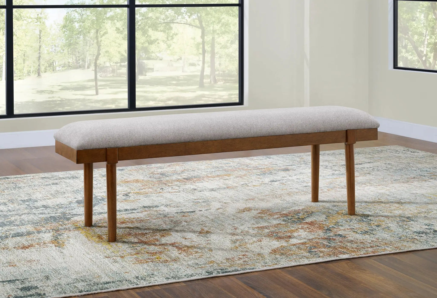Upholstered dining bench gray/brown fabric with wood legs by Unique Piece Furniture on Tampa Home & Garden Store