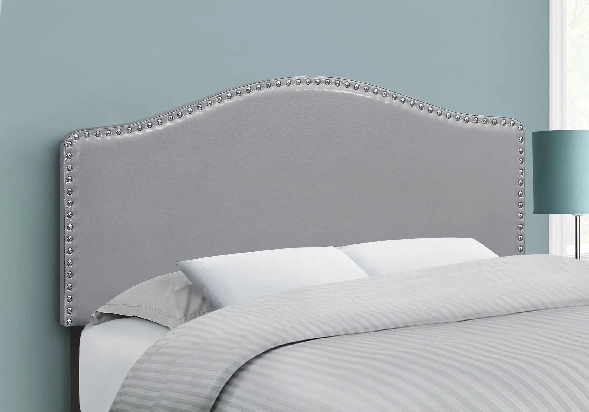 Upholstered full-size gray headboard with chrome nailhead trim by Unique Piece Furniture on Tampa Home & Garden Store