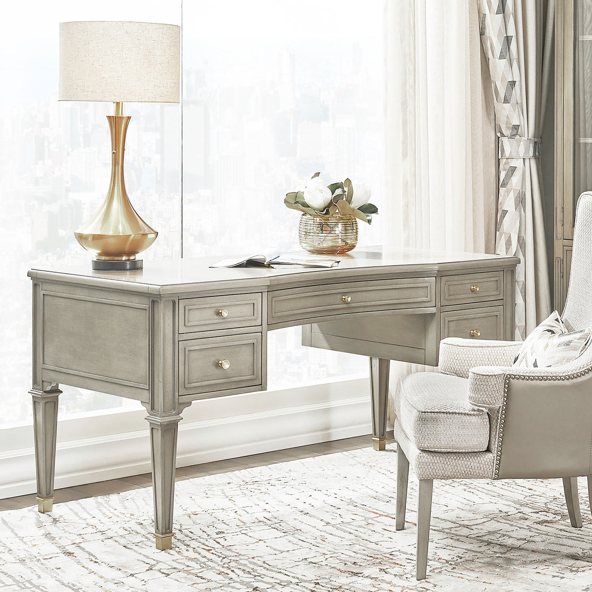 Dauphin 5 Drawer Executive Desk gray solid rubber hardwood with brass knobs HouseOfZazla on Tampa Home & Garden Store
