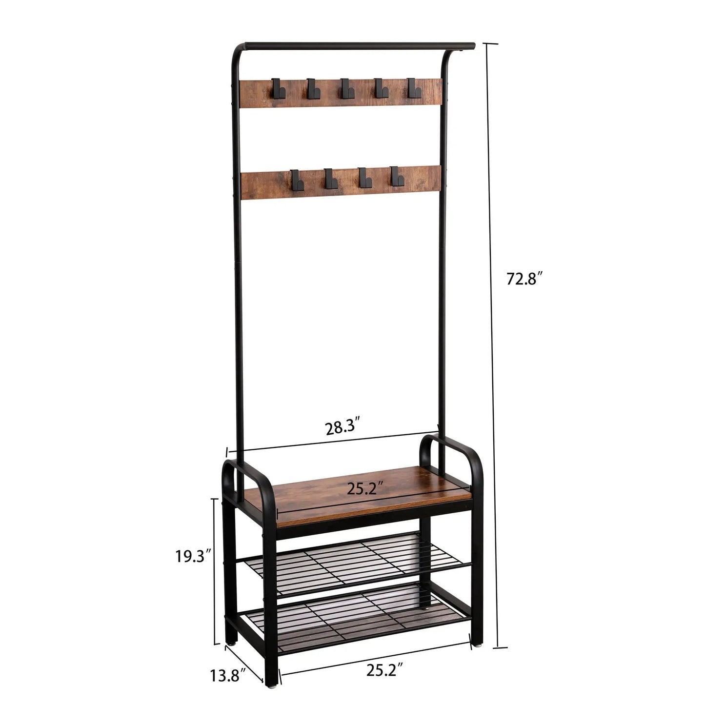 Hall Tree With Shoe Bench and 9 Removable Hooks