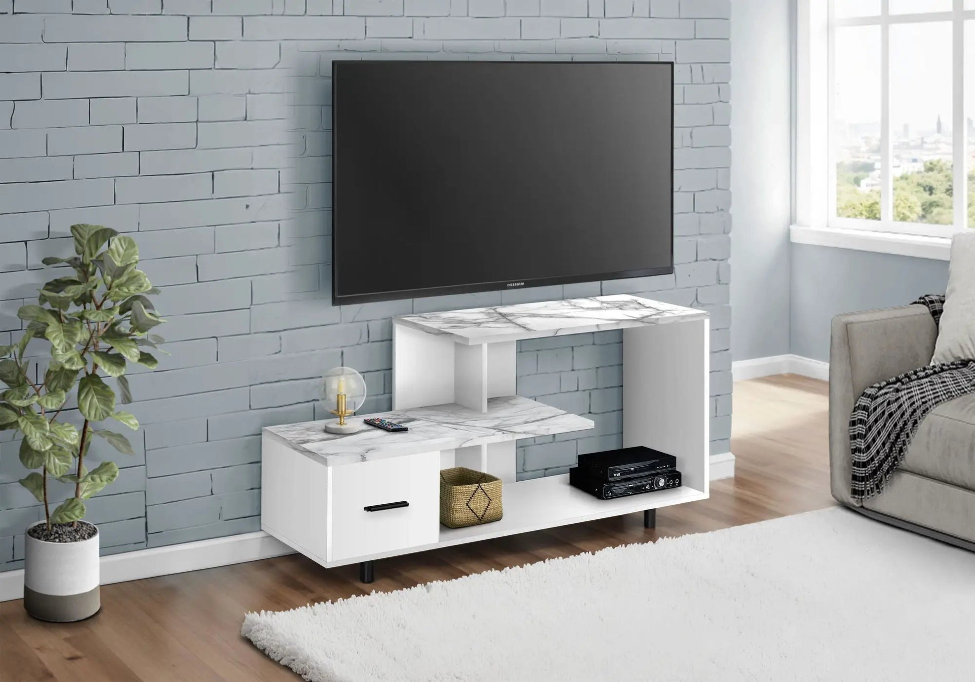 TV stand console white marble-top with drawer and open shelf by Unique Piece Furniture on Tampa Home & Garden Store