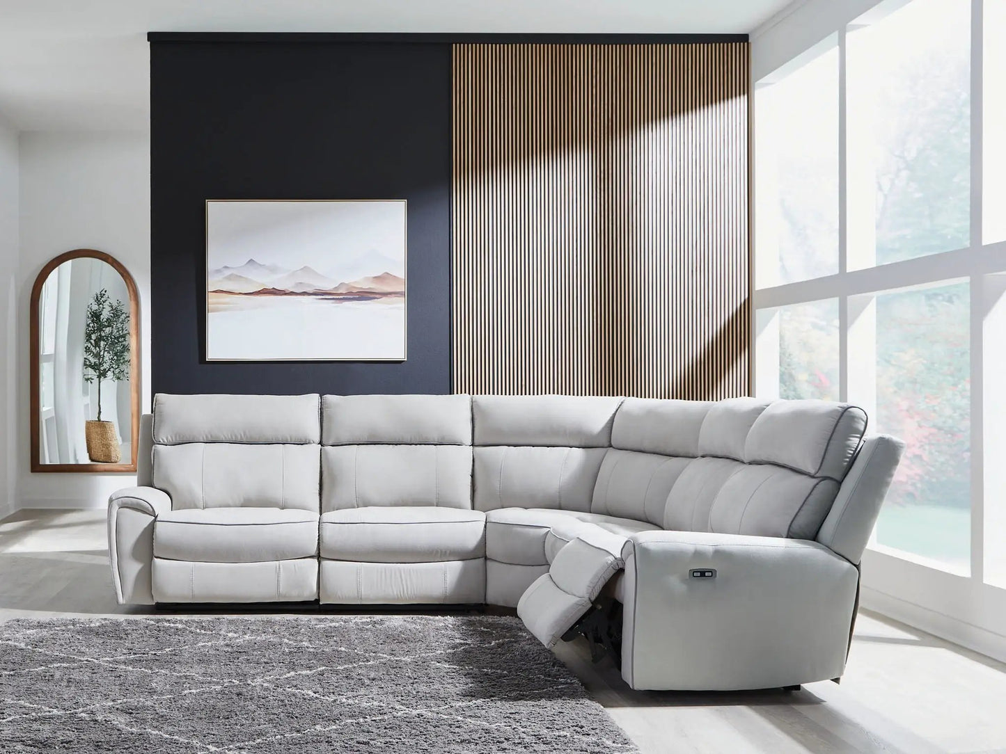 Social Pointe reclining sectional in gray fabric by Unique Piece Furniture with power recline on Tampa Home & Garden Store
