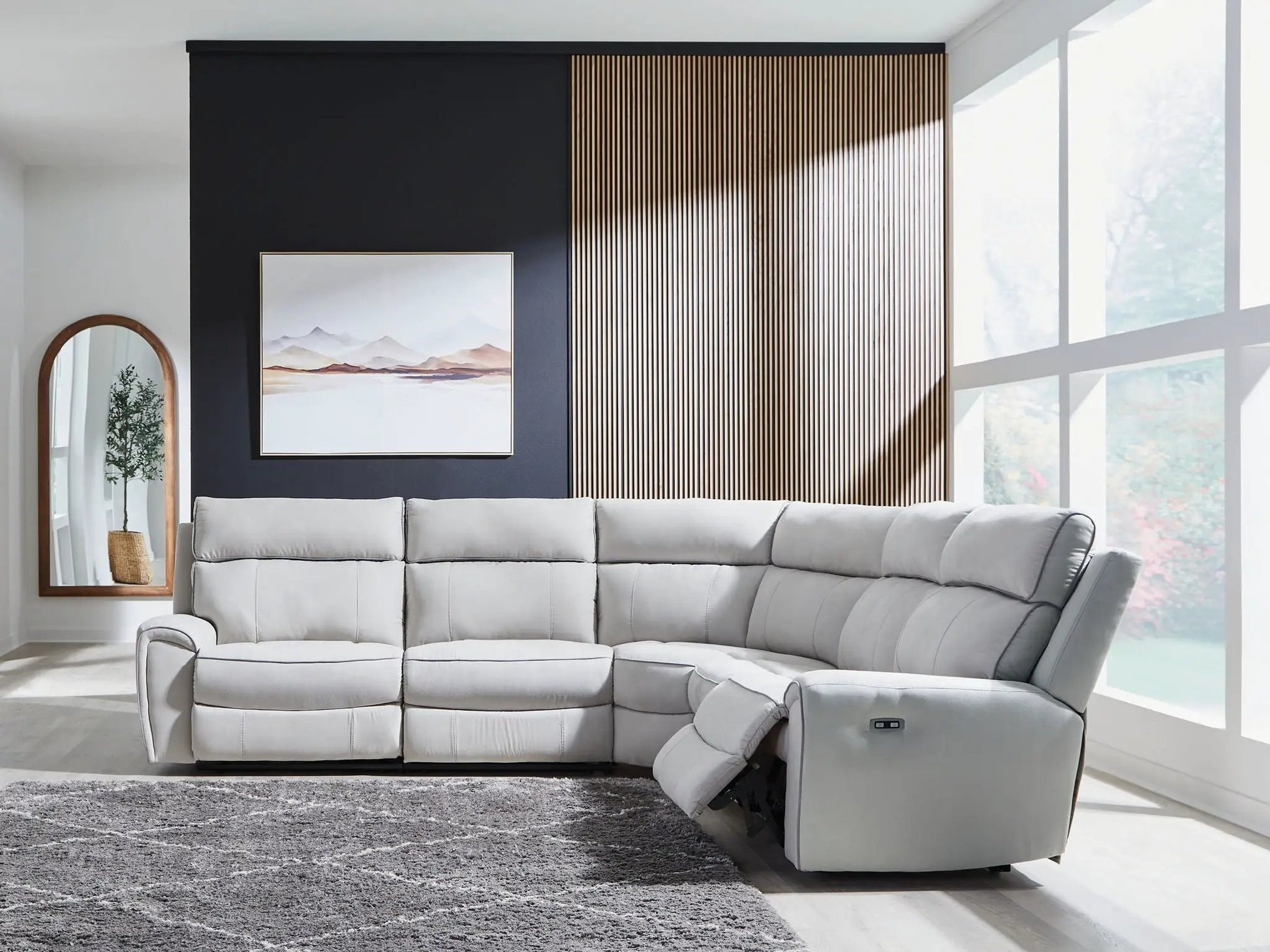 Social Pointe reclining sectional in gray fabric by Unique Piece Furniture with power recline on Tampa Home & Garden Store