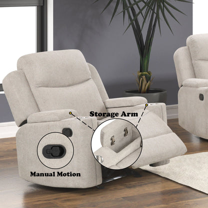 Galya Motion Glider Recliner pair in light gray fabric on Tampa Home & Garden Store