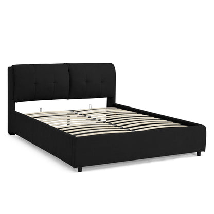 Storage upholstered hydraulic platform bed with integrated tufted headboard in black fabric on Tampa Home & Garden Store