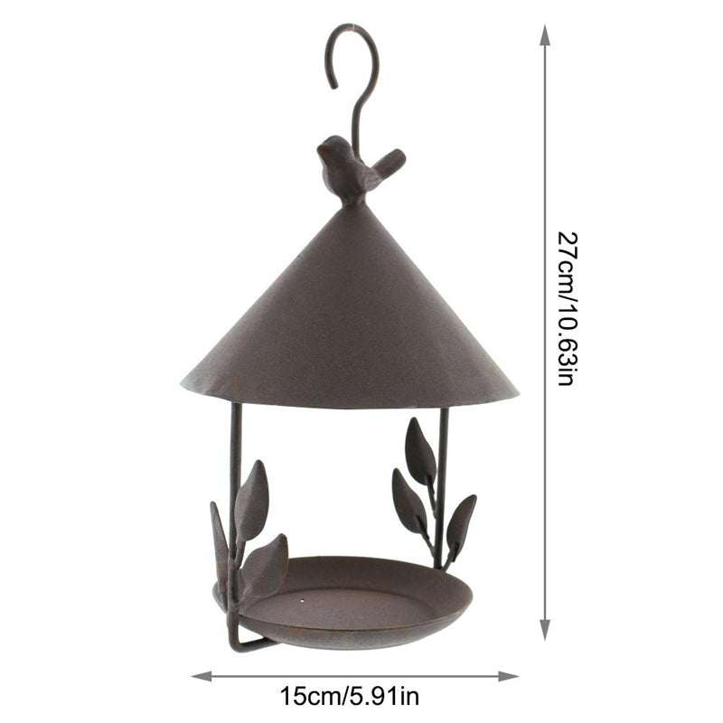 American-made wrought iron bird feeder with cone roof, leaf accents and hanging dish tray on Tampa Home & Garden Store