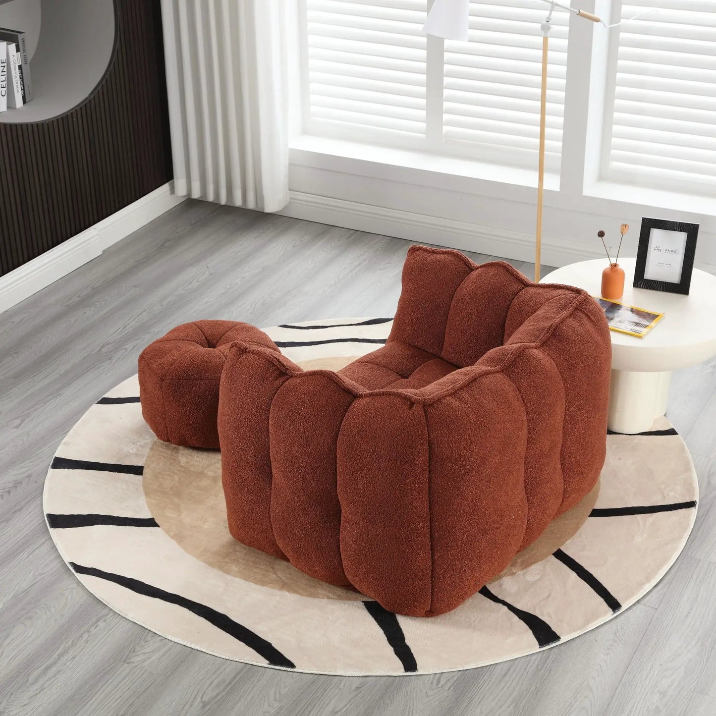 Soft bean bag chair with high resilient foam in rust brown, round segmented design on Tampa Home & Garden Store