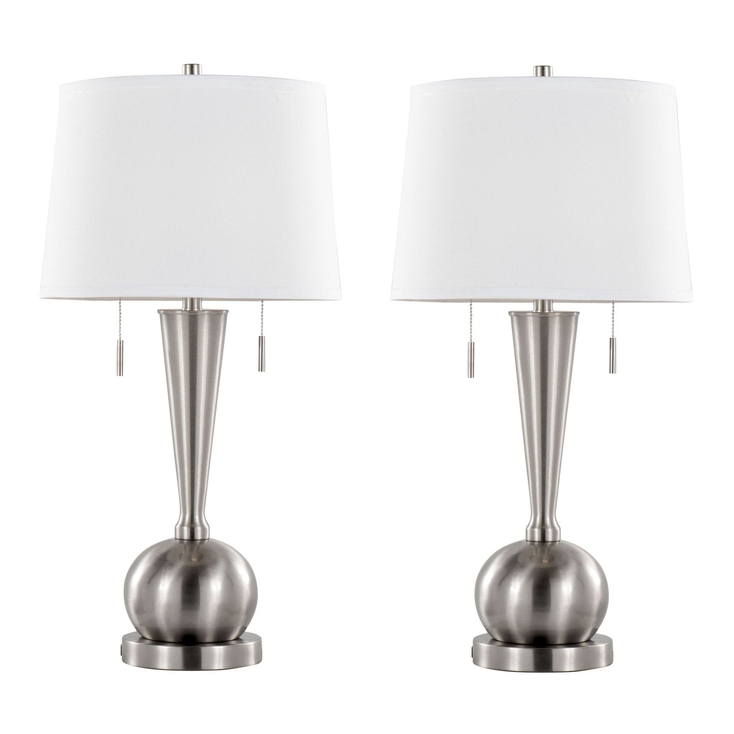 Jules contemporary lamp set of 2 with nickel bases and white shades with built-in USB ports on Tampa Home & Garden Store