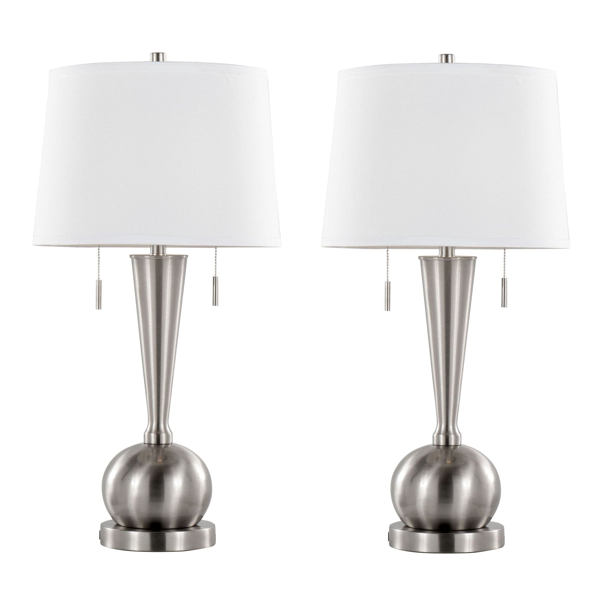 Jules contemporary lamp set of 2 with nickel bases and white shades with built-in USB ports on Tampa Home & Garden Store