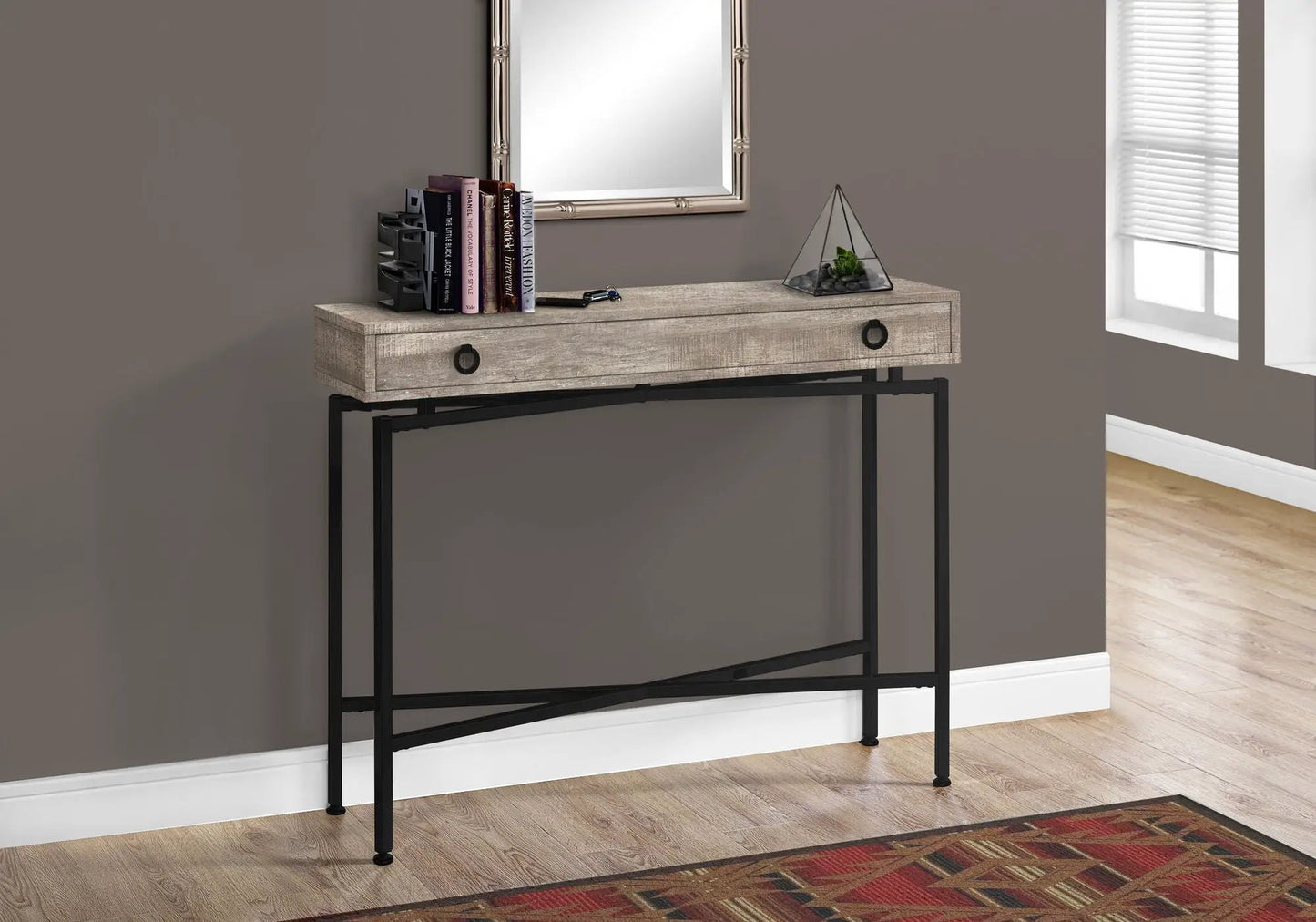 Accent console table for entryway with distressed wood top, black metal frame, and a single drawer with ring pulls on Tampa Home & Garden Store